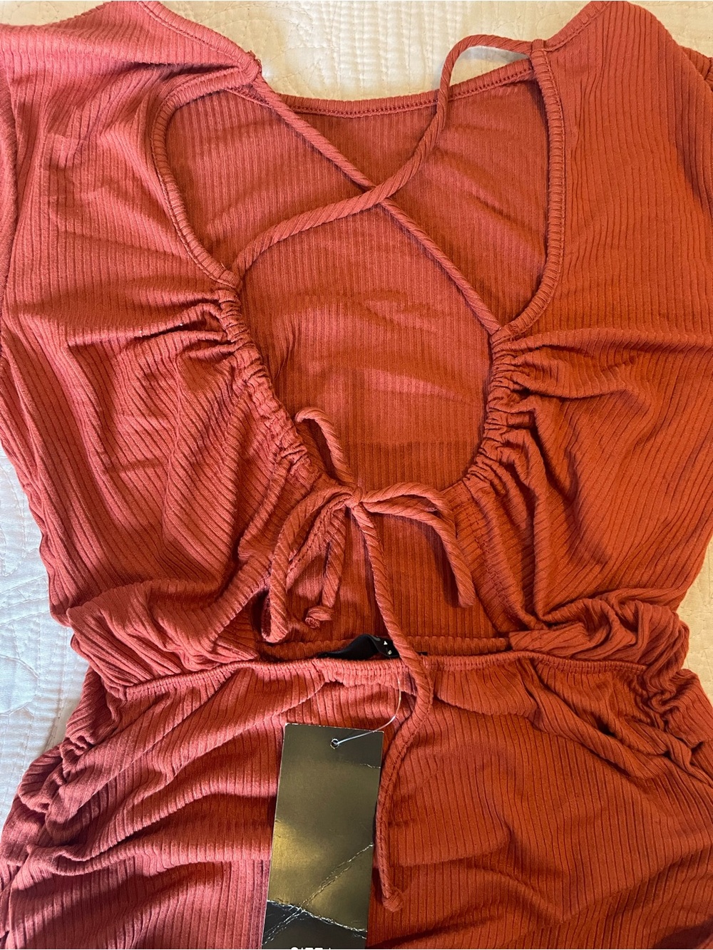 Rust Ribbed Long-Sleeve Ruched Bodycon Dress - Picture 6 of 10